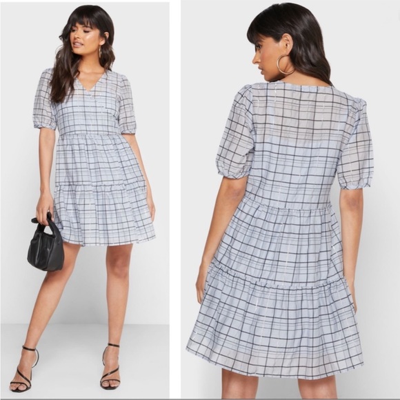 VERO MODA NWT Blue Windowpane Plaid Tiered Checkered Checked Surplice Dress - Picture 10 of 10